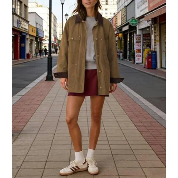 Oversized Cotton Barn Jacket with Corduroy Collar and Pockets - Picture 6 of 8